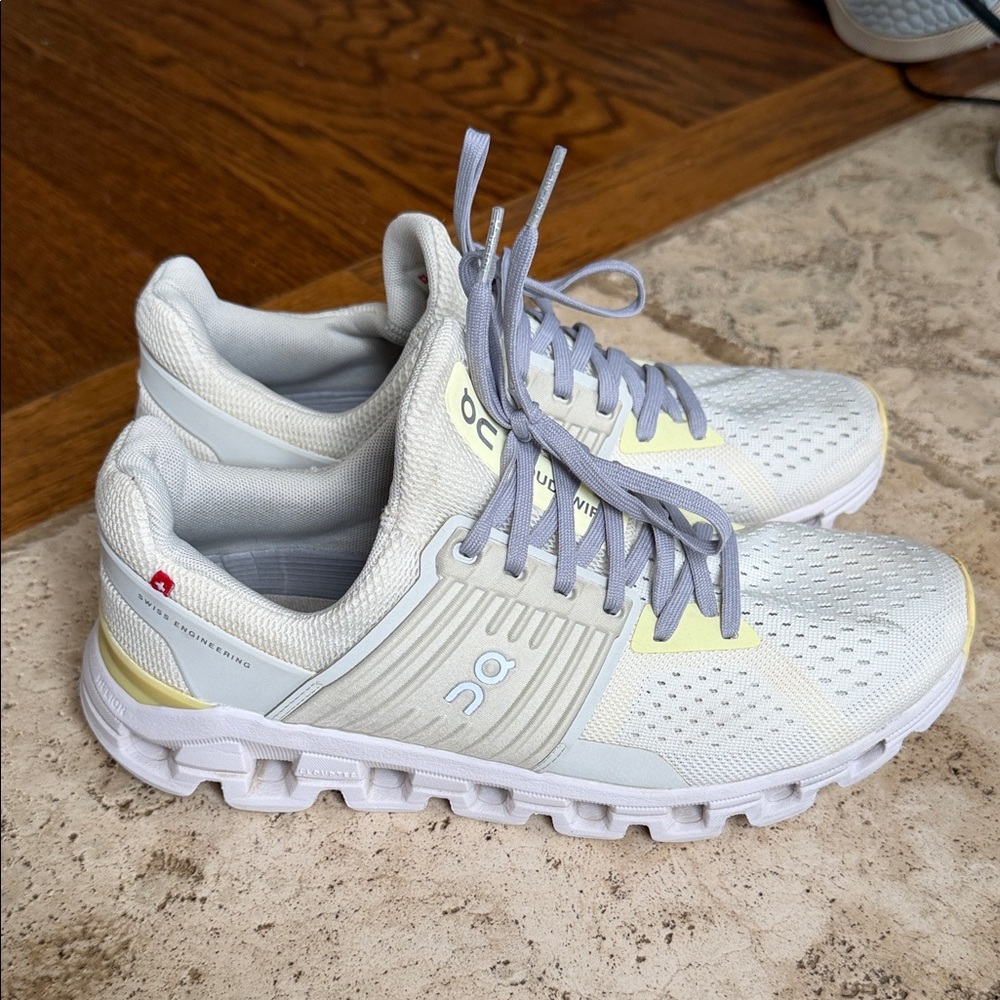 On Running on cloud White and Light Yellow Athletic Shoes